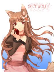 Rule 34 | 00s, 1girl, animal ears, apple, bad id, bad pixiv id, brown hair, cuteg, flower, food, fruit, hair flower, hair ornament, holding, holding food, holding fruit, holo, long hair, one eye closed, red eyes, solo, spice and wolf, tail, wink, wolf ears, wolf tail