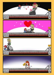 Rule 34 | 1boy, 2girls, 4koma, axe, bare shoulders, battle axe, blonde hair, blue eyes, bowsette, bracelet, breasts, bridge, collar, comic, crown, dress, holding hands, heart, holding, holding weapon, horns, jewelry, kogane (staygold), large breasts, mario, mario (series), multiple girls, new super mario bros. u deluxe, nintendo, pixel art, ponytail, princess peach, red hair, spiked bracelet, spiked collar, spikes, super crown, super mario bros. 1, weapon, yandere