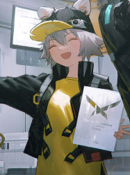 Rule 34 | 1girl, absurdres, animal ears, arknights, click (arknights), commentary request, closed eyes, grey hair, hat, highres, jacket, mouse ears, mouse girl, official art, open clothes, open jacket, reoen, shirt, smile, yellow shirt