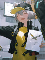 1girl absurdres animal_ears arknights click_(arknights) commentary_request closed_eyes grey_hair hat highres jacket mouse_ears mouse_girl official_art open_clothes open_jacket reoen shirt smile yellow_shirt