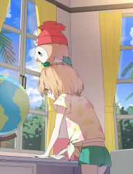 Rule 34 | 1girl, bad id, bad pixiv id, beanie, blonde hair, closed mouth, clothed pokemon, cloud, commentary request, creatures (company), curtains, day, desk, game freak, gen 7 pokemon, globe, green shorts, grey eyes, hat, indoors, nintendo, on head, pokemon, pokemon (creature), pokemon on head, pokemon sm, reading, red headwear, rowlet, rupinesu, selene (pokemon), shirt, short shorts, short sleeves, shorts, sky, smile, tied shirt, window