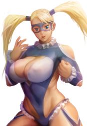 Rule 34 | 1girl, bad deviantart id, bad id, blonde hair, blue eyes, breasts, capcom, cleavage, cypressdahlia, domino mask, highres, large breasts, leotard, long hair, mask, rainbow mika, simple background, solo, street fighter, street fighter v, thighs, twintails, white background