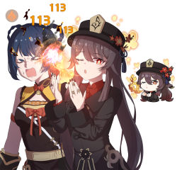 Rule 34 | 2girls, ;o, artist request, black nails, blue hair, breath weapon, breathing fire, brown hair, chinese clothes, closed eyes, coat, fire, flower, flower-shaped pupils, genshin impact, hair ornament, hat, hayarob, highres, hu tao (genshin impact), jewelry, meme, multiple girls, nail polish, one eye closed, open mouth, plum blossoms, porkpie hat, red eyes, reference inset, ring, source request, star-shaped pupils, star (symbol), symbol-shaped pupils, white background, xiangling (genshin impact)