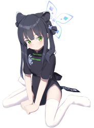 Rule 34 | 1girl, animal ear fluff, animal ears, black dress, black hair, blue archive, china dress, chinese clothes, dress, highres, legs, long hair, no shoes, short sleeves, shun (blue archive), shun (small) (blue archive), simple background, sitting, smile, solo, ten can, thighhighs, thighs, tiger ears, tiger girl, twintails, white background, white thighhighs