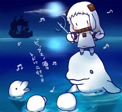 Rule 34 | 10s, 1girl, abyssal ship, beamed quavers, blush, chibi, cloud, colored skin, conductor, dolphin, dress, horizon, horns, kantai collection, kobone, long hair, mittens, moon, music, musical note, night, night sky, northern ocean princess, ocean, one piece, quaver, revision, ship, silhouette, singing, single horn, sky, sleeveless, sleeveless dress, solo, standing on another&#039;s head, thousand sunny, translated, watercraft, white dress, white hair, white skin, | |