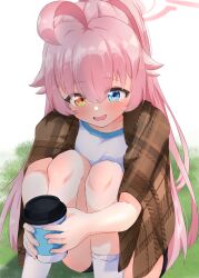 Rule 34 | 1girl, ahoge, alternate hairstyle, black buruma, blue archive, blue eyes, blush, buruma, collarbone, commentary request, cup, disposable cup, fang, gym shorts, gym uniform, hair between eyes, heterochromia, high ponytail, highres, holding, holding cup, hoshino (blue archive), knees up, legs together, long hair, open mouth, orange eyes, pink hair, shawl, shirt, shorts, sitting, smile, socks, solo, u9ffo, very long hair, white shirt, white socks