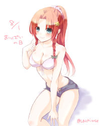 Rule 34 | 1girl, alternate costume, alternate hairstyle, aqua eyes, arm support, bare shoulders, blush, braid, breasts, chitose (usacan), cleavage, contemporary, crop top, denim, denim shorts, front-tie top, hair ornament, hair ribbon, hong meiling, long hair, looking at viewer, midriff, navel, parted bangs, ponytail, red hair, ribbon, shorts, side braid, sitting, sketch, smile, solo, strap slip, touhou, tress ribbon, twin braids