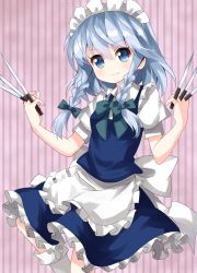 Rule 34 | &gt;:), 1girl, apron, between fingers, blue dress, blue eyes, bow, bowtie, braid, breasts, commentary request, dress, feet out of frame, frilled apron, frills, green bow, green bowtie, hair bow, head tilt, highres, holding, holding knife, izayoi sakuya, knee up, knife, knives between fingers, looking at viewer, maid apron, maid headdress, medium breasts, petticoat, pink background, puffy short sleeves, puffy sleeves, ruu (tksymkw), short hair, short sleeves, silver hair, smile, solo, striped, striped background, touhou, twin braids, v-shaped eyebrows, vertical stripes, waist apron, white apron, white legwear