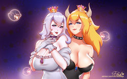 Rule 34 | 2girls, :3, :p, armlet, artist name, bare shoulders, black dress, blonde hair, blue eyes, boo (mario), bowsette, breasts, brooch, collar, collarbone, commentary, crown, dress, english commentary, expressive clothes, fang, fang out, gloves, hands on own chest, horns, jewelry, large breasts, long hair, looking at viewer, luigi&#039;s mansion, mario (series), multiple girls, new super mario bros. u deluxe, nintendo, pink lady mage, pointy ears, ponytail, princess king boo, purple eyes, sharp teeth, signature, silver hair, smile, spiked armlet, spiked collar, spikes, star (symbol), starry background, strapless, strapless dress, super crown, teeth, tongue, tongue out, upper body, white dress, white gloves