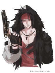 1boy black_gloves black_hair black_jacket closed_mouth collarbone final_fantasy final_fantasy_vii final_fantasy_vii_ever_crisis fingerless_gloves fur-trimmed_jacket fur_trim gloves gun hair_between_eyes handgun headband highres holding holding_gun holding_weapon hood hooded_jacket jacket jewelry long_hair long_sleeves male_focus multicolored_clothes multicolored_jacket necklace official_alternate_costume red_eyes red_headband red_shirt shirt solo two-tone_jacket upper_body v-neck vani_(hisha_04) vincent_valentine vincent_valentine_(stray_dog) weapon white_background white_jacket