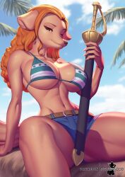 Rule 34 | 1girl, alternate costume, animal ears, animal nose, artist name, bikini, bikini top only, closed mouth, cloud, cloudy sky, commentary, denim, denim shorts, dog ears, dog girl, dog tail, english commentary, furry, highres, holding, holding sword, holding weapon, long hair, midriff, navel, one piece, orange eyes, orange hair, outdoors, pakwan008, patreon username, realistic, shorts, signature, sky, smile, solo, swimsuit, sword, tail, wanda (one piece), weapon