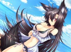 Rule 34 | 1girl, animal ears, bikini, black hair, breast hold, breasts, cleavage, cloud, day, desukingu, dress, dutch angle, front-tie top, g (genesis1556), imaizumi kagerou, large breasts, long hair, looking at viewer, md5 mismatch, navel, open clothes, open dress, red eyes, side-tie bikini bottom, side-tie bottom, sky, solo, strap pull, swimsuit, tail, touhou, very long hair, wolf ears, wolf tail