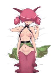 Rule 34 | 1girl, arthropod girl, blush, breasts, cleft of venus, extra arms, four arms, green skirt, hair over eyes, horns, licking lips, monster girl, multiple arms, navel, nipples, original, pink hair, pussy, revealing clothes, short twintails, sifserf, skirt, small breasts, solo, taur, tongue, tongue out, twintails, uncensored, velvet (sifserf)