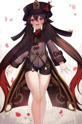 Rule 34 | 1girl, :d, absurdres, bare legs, black headwear, black shorts, bluerabbit gap, blush, brown hair, chinese clothes, flower, genshin impact, gluteal fold, half-closed eyes, highres, hu tao (genshin impact), jewelry, legs, long hair, long sleeves, multicolored hair, open mouth, petals, red eyes, red hair, ring, short shorts, shorts, smile, solo, standing, symbol-shaped pupils, tailcoat, thick thighs, thighs, twintails, two-tone hair