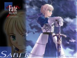 Rule 34 | 00s, 1girl, ahoge, armor, armored dress, artoria pendragon (fate), blonde hair, dress, excalibur (fate/stay night), fate/stay night, fate (series), faulds, green eyes, hands on hilt, planted sword, planted, saber (fate), solo, sword, takeuchi takashi, wallpaper, weapon
