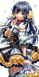 1girl, absurdres, artist name, artist request, bare shoulders, birthday, black hairband, blue dress, blue hair, blue ribbon, blue scrunchie, blush, bouquet, bow, breasts, brown bow, brown eyes, bush, checkered, checkered skirt, choker, cleavage, detached sleeves, dress, female focus, flower, frilled dress, frills, hair between eyes, hair flower, hair ornament, hairband, happy birthday, highres, holding, holding bouquet, holding flower, holding petal, long hair, looking at viewer, love live!, love live! school idol festival, love live! school idol project, nail, nail polish, parted lips, petals, pink nail polish, pink nails, pink petals, plaid, plaid dress, puffy short sleeves, puffy sleeves, ribbon, ribbon-trimmed sleeves, ribbon trim, rose, scrunchie, short sleeves, skirt, sleeveless, sleeveless dress, small breasts, smile, solo, sonoda umi, sweatband, white legwear, wrist scrunchie, yellow eyes, yellow flower, yellow ribbon, yellow rose