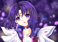 Rule 34 | 1girl, amane ganbii, bishoujo senshi sailor moon, choker, circlet, clenched hand, collarbone, crystal, gloves, highres, lens flare, open mouth, purple eyes, purple hair, purple theme, sailor saturn, sky, solo, space, star (sky), starry sky, tomoe hotaru, upper body, white gloves