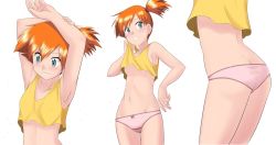Rule 34 | 1girl, armpits, arms up, ass, asymmetrical hair, blush, breasts, butt crack, creatures (company), game freak, gen 1 pokemon, green eyes, kakkii, legs, looking at another, looking at viewer, misty (pokemon), navel, nintendo, orange hair, panties, pants, pokemon, pokemon (anime), pokemon (classic anime), ponytail, shirt, side ponytail, smile, sweat, sweatdrop, takaya n, tank top, thighs, underwear, yellow shirt, yellow tank top