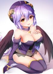 Rule 34 | 1girl, :d, antenna hair, bare shoulders, beret, black panties, breasts, choker, cleavage, collarbone, commentary request, curled horns, detached sleeves, feathered wings, hair between eyes, hand on own chest, hat, highres, horns, large breasts, long hair, long sleeves, looking at viewer, low ponytail, navel, open mouth, orange eyes, original, panties, purple hair, purple hat, purple thighhighs, revealing clothes, see-through, sitting, smile, solo, thighhighs, thighs, umou (may65879), underwear, very long hair, wings