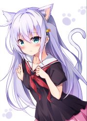 Rule 34 | 1girl, animal ear fluff, animal ears, bad id, bad twitter id, black shirt, blue eyes, breasts, cat day, cat ears, cat girl, cat tail, collarbone, commentary request, frown, hair ornament, hands up, highres, hoshinomiya kunon, hyurasan, kemonomimi mode, light purple hair, long hair, looking at viewer, neckerchief, original, paw print, paw print background, pink skirt, sailor collar, shirt, short sleeves, skirt, small breasts, solo, star (symbol), star hair ornament, tail, tail raised, upper body, white background