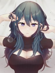 Rule 34 | 1girl, aftergardens, blue eyes, blue hair, breasts, byleth (female) (fire emblem), byleth (fire emblem), cleavage, cleavage cutout, closed mouth, clothing cutout, fire emblem, fire emblem: three houses, highres, large breasts, nintendo, short sleeves, solo, upper body