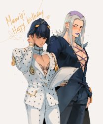 Rule 34 | 2boys, adjusting hair, artist name, birthday, blush, bob cut, braid, bruno bucciarati, center opening, commentary, cross-laced clothes, english commentary, flying sweatdrops, formal, gift art, hair ornament, happy birthday, heart, highres, holding, holding paper, jojo no kimyou na bouken, leone abbacchio, lipstick, long hair, long sleeves, looking at another, looking to the side, makeup, male focus, multicolored eyes, multicolored hair, multiple boys, paper, pectoral cleavage, pectorals, plunging neckline, purple eyes, purple hair, purple lips, sideways glance, sparkle, suit, two-tone hair, vento aureo, white hair, worvies, yaoi, yellow eyes, zipper, zipper pull tab