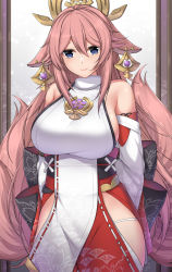 Rule 34 | 1girl, animal ears, arms behind back, bare shoulders, blue eyes, blush, breasts, commentary, cowboy shot, detached sleeves, english commentary, fox ears, fox tail, genshin impact, hair between eyes, highres, hip vent, large breasts, long hair, long sleeves, looking at viewer, multiple tails, nontraditional miko, pink hair, red skirt, sheita, shirt, sidelocks, skirt, sleeveless, sleeveless shirt, smile, solo, standing, tail, very long hair, white shirt, yae miko