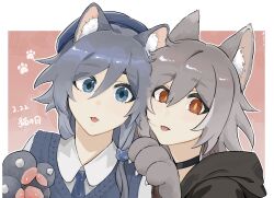Rule 34 | 2girls, alternate costume, animal ears, animal hands, black choker, black hoodie, blue eyes, blue hair, blue shirt, blue vest, cat day, cat ears, cat paws, chinese text, choker, collared shirt, dated, fake claws, footprints, fu hua, fu hua (herrscher of sentience), gloves, grey gloves, grey hair, hair between eyes, highres, honkai (series), honkai impact 3rd, hood, hoodie, long hair, long shirt, long sleeves, looking at viewer, low-tied long hair, low ponytail, michuan ximo, multicolored hair, multiple girls, official alternate costume, paw gloves, ponytail, red eyes, shirt, simplified chinese text, streaked hair, tongue, tongue out, vest, white hair, white shirt