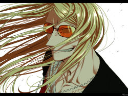 Rule 34 | 1boy, black jacket, blonde hair, fate/grand order, fate (series), from above, grin, hair between eyes, jacket, jewelry, long hair, looking at viewer, male focus, necklace, open clothes, open jacket, orange-tinted eyewear, shirt, signature, simple background, smile, solo, sunglasses, tezcatlipoca (fate), tinted eyewear, upper body, white background, white shirt, yuuzuki230