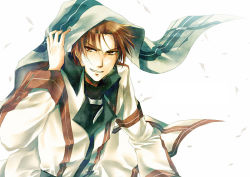 Rule 34 | 1boy, brown eyes, cape, coat, gensou suikoden, gensou suikoden ii, grin, kinota, male focus, red hair, seed (suikoden), simple background, smile, solo, white background