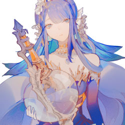 Rule 34 | 1girl, blue eyes, blue hair, bottle, breasts, choker, cleavage, closed mouth, earrings, elbow gloves, expressionless, fins, flower, gloves, hair flower, hair ornament, headdress, highres, holding, jewelry, large breasts, long hair, looking at viewer, low ponytail, necklace, ningyo hime (sinoalice), pearl necklace, potion, senryoko, sidelocks, simple background, sinoalice, white background