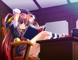 Rule 34 | 1girl, akatsuki no amaneka to aoi kyojin, amaneka machbuster, arm up, blue eyes, blush, book, chair, child, desk, female focus, fingerless gloves, flat chest, game cg, gloves, hat, indoors, kneehighs, komatsu eiji, legs, legs up, long hair, necktie, open book, pink hair, reading, red hair, sitting, socks, solo, striped clothes, striped socks, twintails, very long hair