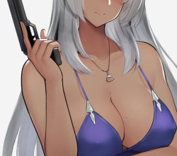 Rule 34 | 1girl, blush, breasts, closed mouth, copyright request, dark-skinned female, dark skin, dress, facing viewer, fingernails, grey hair, gun, hand up, handgun, hayabusa (vert 320), head out of frame, holding, holding gun, holding weapon, jewelry, large breasts, long hair, mole, mole on breast, nail polish, necklace, paid reward available, pink nails, pistol, purple dress, simple background, smile, solo, trigger discipline, weapon, white background