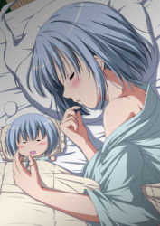 Rule 34 | 2girls, :o, bare shoulders, bed sheet, blanket, blue shirt, blush, chibi, frilled pillow, frills, from above, from side, ghost, ghost-shaped pillow, konpaku youmu, konpaku youmu (ghost), multiple girls, nori tamago, off shoulder, outstretched arm, parted lips, pillow, shirt, short hair, silver hair, sleeping, touhou, upper body