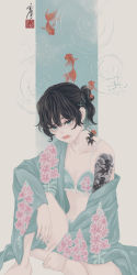 Rule 34 | 1girl, absurdres, aqua background, aqua bra, aqua eyes, aqua kimono, aqua nails, aqua panties, arm tattoo, barefoot, black hair, bow, bow panties, bra, breasts, cleavage, closed mouth, collarbone, commentary, ear piercing, earrings, fish, fish tattoo, floral print, flower, flower request, frilled bra, frilled panties, frills, goldfish, hair between eyes, hair ornament, hairclip, highres, japanese clothes, jewelry, kimono, lingerie, long sleeves, looking at viewer, nail polish, navel, neck tattoo, off shoulder, open clothes, open kimono, original, panties, piercing, pink flower, ponytail, print bra, print kimono, ripples, seal impression, short hair, signature, sitting, small breasts, solo, tattoo, underwear, ushiyama ame, wide sleeves, x hair ornament