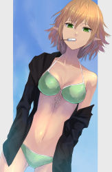 Rule 34 | 1girl, akimikan (2.5deciliter), bikini, blonde hair, blue background, collarbone, cowboy shot, dutch angle, food, food in mouth, green bikini, green eyes, highres, looking at viewer, mizuhashi parsee, navel, open clothes, pointy ears, popsicle, popsicle stick, short hair, solo, swimsuit, touhou