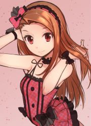 Rule 34 | 1girl, asymmetrical bangs, black bow, black choker, bow, brown hair, choker, closed mouth, dress, hair bow, hairband, hand in own hair, idolmaster, idolmaster (classic), long hair, looking at viewer, minase iori, pink background, pink bow, pink dress, red eyes, sleeveless, sleeveless dress, smile, solo, spaghetti strap, suzumo70, upper body, very long hair