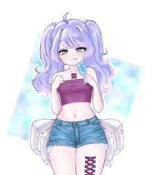 Rule 34 | 1girl, :3, alternate costume, alternate hairstyle, amiya aranha, amiya aranha (artist), arthropod limbs, blue shorts, blush, breasts, denim, denim shorts, extra legs, food, hand on own hip, highres, holding, holding food, holding popsicle, indie virtual youtuber, licking lips, long hair, melting, midriff, navel, popsicle, purple eyes, purple hair, purple ribbon, purple tube top, ribbon, shorts, small breasts, smile, smug, solo, straight-on, strapless, tongue, tongue out, tube top, twintails, virtual youtuber