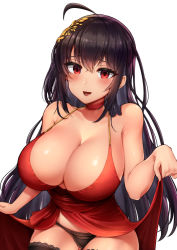 Rule 34 | 1girl, :d, absurdres, ahoge, azur lane, bad id, bad pixiv id, bare shoulders, black hair, black panties, black thighhighs, blush, breasts, choker, cleavage, clothes lift, cocktail dress, collarbone, crossed bangs, dress, dress lift, eyebrows hidden by hair, gui ss, hair between eyes, hair ornament, highres, huge breasts, lifted by self, long hair, looking at viewer, official alternate costume, open mouth, panties, red choker, red dress, red eyes, shiny skin, simple background, smile, solo, taihou (azur lane), taihou (forbidden feast) (azur lane), thighhighs, underwear, very long hair, white background