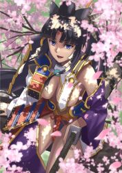 Rule 34 | 1girl, :d, armor, asymmetrical clothes, asymmetrical sleeves, black hair, blue eyes, breast curtains, breasts, cherry blossoms, detached sleeves, fate/grand order, fate (series), hair ornament, hat, highres, japanese armor, ksfactory, kusazuri, long hair, looking at viewer, medium breasts, mismatched sleeves, navel, open mouth, parted bangs, purple sleeves, revealing clothes, side ponytail, single pantsleg, smile, solo, tate eboshi, underwear, ushiwakamaru (fate), very long hair