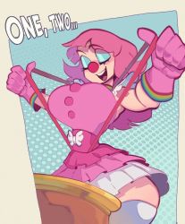 Rule 34 | 1girl, ace attorney, black eyes, breasts, choker, cleavage cutout, clothing cutout, clown girl, clown nose, curvy, closed eyes, female focus, geiru toneido, gloves, large breasts, long hair, looking at viewer, makeup, multicolored clothes, pink hair, skirt, smile, solo, suspender skirt, suspenders, suspenders pull, talking, thick thighs, thighhighs, thighs, zephyrgales