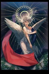 Rule 34 | 1girl, angel wings, banner, bare arms, bare shoulders, brown hair, closed mouth, dress, closed eyes, flag, floating hair, halo, holding, holding flag, long dress, long hair, low wings, mullmull02, original, single strap, smile, solo, spread wings, white dress, wings
