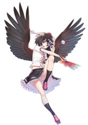 Rule 34 | 1girl, :d, black hair, black skirt, black wings, buttons, camera, feathered wings, full body, geta, hand fan, hat, holding, holding camera, jinyuan712, kneehighs, loafers, looking at viewer, midriff, navel, open mouth, pom pom (clothes), purple eyes, ribbon-trimmed skirt, ribbon trim, shameimaru aya, shirt, shoes, short hair, short sleeves, simple background, skirt, smile, socks, solo, tengu-geta, tokin hat, touhou, upskirt, white background, white shirt, wings