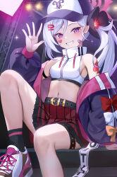 Rule 34 | 1girl, absurdres, alternate costume, bare shoulders, belt, black belt, blue archive, blush, breasts, commentary, crop top, foot out of frame, gonggo, grey hair, grin, halo, hat, highres, jacket, korean commentary, long hair, looking at viewer, midriff, mutsuki (blue archive), navel, open clothes, open jacket, petite, pleated skirt, pointy ears, purple eyes, red halo, red skirt, revision, side ponytail, sitting, skirt, small breasts, smile, solo, white hat