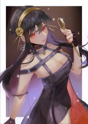 Rule 34 | 1girl, bare shoulders, black dress, black hair, breasts, cleavage, closed mouth, collarbone, commentary, dagger, dress, earrings, english commentary, expressionless, eyelashes, floral print, hairband, highres, holding, holding dagger, holding knife, holding weapon, jewelry, knife, lips, long hair, looking at viewer, napporin, outside border, pendant, red eyes, rose print, sleeveless, sleeveless dress, solo, spy x family, standing, stiletto (weapon), thighhighs, two-sided fabric, weapon, yor briar