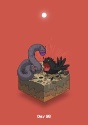 Rule 34 | animal, broken horn, commentary request, diorama, feathers, gozz, highres, horns, isometric, monster, no humans, open mouth, original, purple eyes, red background, red eyes, shouting, sun