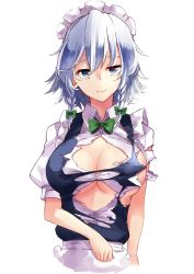 Rule 34 | 1girl, apron, bad id, bad twitter id, blue dress, blue eyes, bow, bowtie, braid, breasts, commentary request, deetamu, dress, frilled apron, frills, green bow, hair between eyes, hair bow, highres, izayoi sakuya, large breasts, looking at viewer, maid, maid apron, maid headdress, puffy short sleeves, puffy sleeves, shirt, short hair, short sleeves, silver hair, simple background, solo, torn clothes, torn dress, torn shirt, torn sleeves, touhou, twin braids, upper body, waist apron, white apron, white background, white shirt