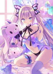 Rule 34 | 1girl, babydoll, bad id, bad pixiv id, bare arms, bare legs, bare shoulders, barefoot, bed sheet, black choker, black gloves, black ribbon, blue eyes, blush, breasts, bridal garter, butterfly hair ornament, cat, choker, cleavage, clock, closed mouth, commentary request, earrings, gloves, hair ornament, hoshino koucha, indoors, jewelry, leaning to the side, long hair, looking at viewer, medium breasts, nail polish, navel, on bed, original, purple hair, purple nails, purple thighhighs, reclining, ribbon, ribbon choker, single thighhigh, smile, solo, strap pull, stuffed animal, stuffed rabbit, stuffed toy, thighhighs, twintails, underwear, underwear only, undressing, v-shaped eyebrows, very long hair, window