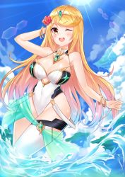 Rule 34 | 1girl, :d, absurdres, bare arms, bare shoulders, blonde hair, blush, bracelet, breasts, cawang, chest jewel, cleavage, cowboy shot, day, flower, gem, hair flower, hair ornament, hibiscus, highres, jewelry, large breasts, long hair, looking at viewer, mythra (xenoblade), narrow waist, nintendo, one-piece swimsuit, one eye closed, open mouth, outdoors, single thighhigh, sky, smile, solo, sun, swept bangs, swimsuit, thighhighs, tiara, water, white one-piece swimsuit, wide hips, xenoblade chronicles (series), xenoblade chronicles 2, yellow eyes