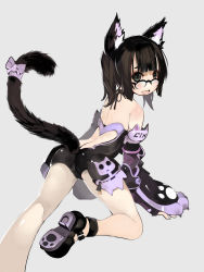 Rule 34 | 1girl, animal ears, ass, bare shoulders, bebe1999, black eyes, black hair, blush, cat ears, cat tail, fang, glasses, grey background, highres, original, ribbon, shoes, short hair, simple background, solo, tail, tail ornament, tail ribbon